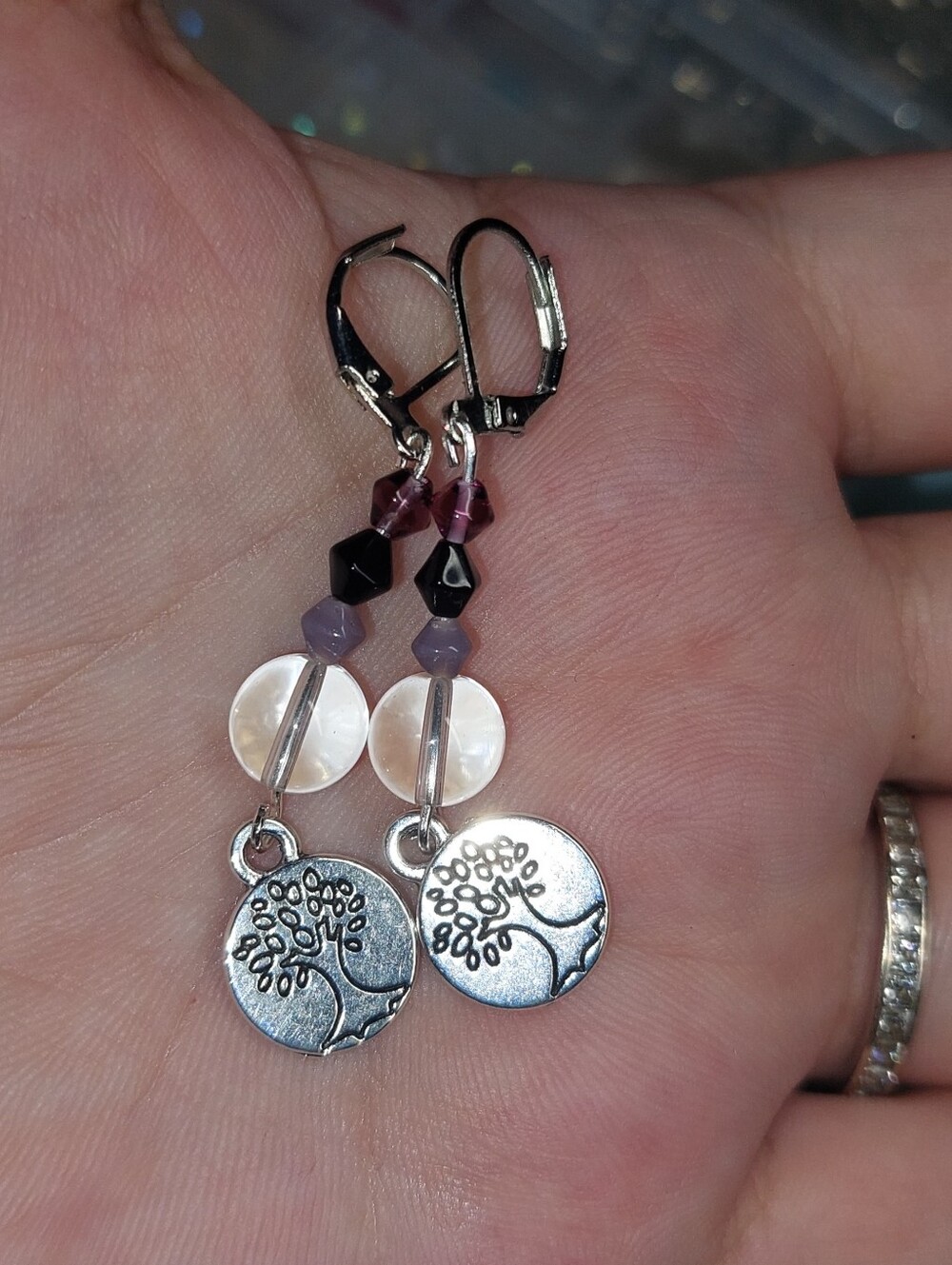 Silver Tree of Life Dangle Earrings with Pink and Purple Beads